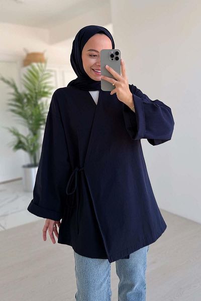 Ka Hijab Λινό κιμονό με πλαϊνή δέσμη - Navy Blue