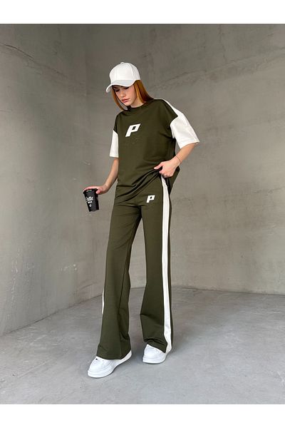 Cappmoda Tkm-03654 Khaki White P Embroidered Crew Neck Tshirt Waist Elastic Palazzo Bottom Double Suit