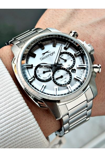 Slazenger Silver Color 10 Atm Waterproofness Steel Cord Steel Case Men Wristwatch 2479.03Mr