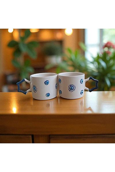 Simge Seramik 2 Li Evil Eye Bead Embroidered Star Handmade Natural Ceramic Mug Mug Tea Cappuccino Cup