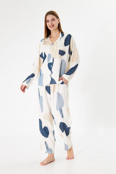 seamlife Women's 100% Cotton Woven Ecru Navy Blue Cream Patterned Shirt Collar Buttoned Top with Pockets Pajama Set