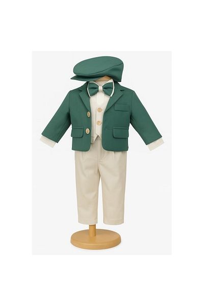 OEM Costum Botez Baiat 5 Piese cu Camasa Tip Body – Sacou Verde, Pantaloni Bej, Vesta, Papion si Beret