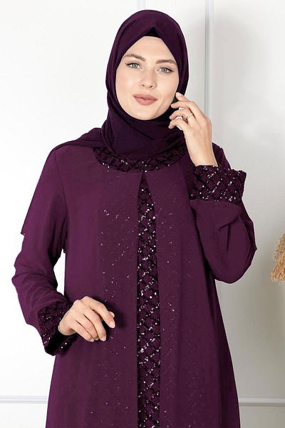 Fahima Cape Sequin Detailed Evening Dress Plum Fhm854