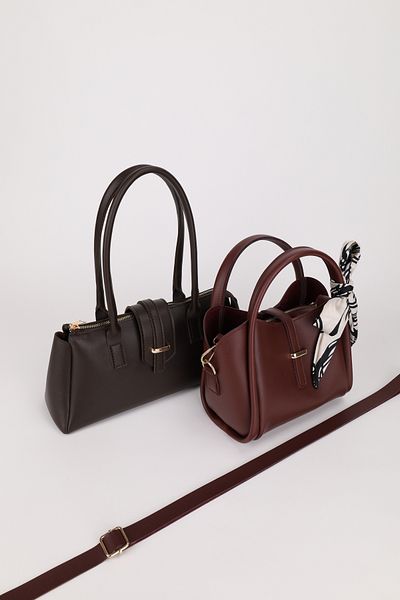 NOTHING Women's Brown Claret Red Gold Accessory Detailed Scarf Gifted 2-Piece Hand Shoulder and Crossbody Bag Set Rayaroma