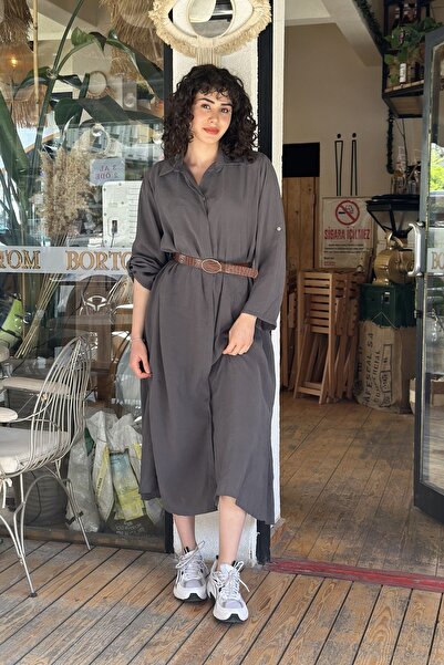 CurcunaShop Women's Modal Fabric Hidden Button Brown Leather Belt Shirt Dress