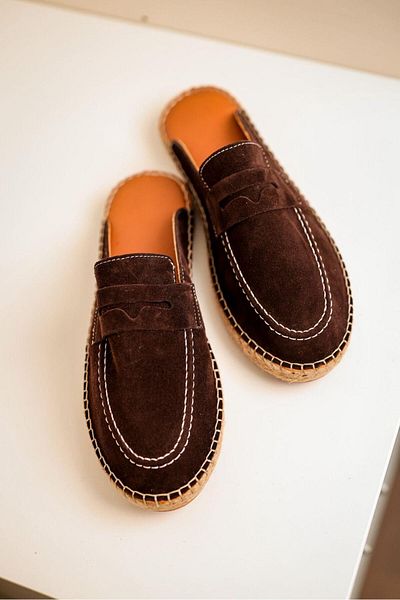 lovitto Men's Genuine Leather Rubber Sole Dark Brown Espadrille Slippers