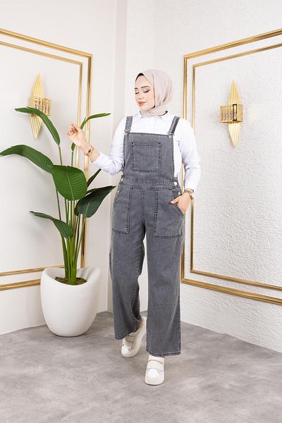 HARMAN BUTİK Women's Pocket Detailed Strap Gray Denim Jumpsuit