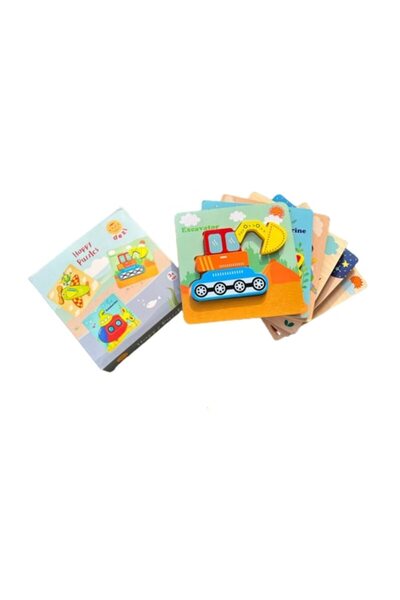 DEZİ Puzzle din lemn, 3 autovehicule Happy, joc educativ, 15 piese