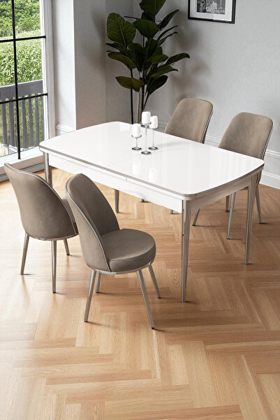 Canisa Nira Serisi 70x114 Mdf Açılabilir Beyaz Mutfak Masa Takımı 4 Cappucino...