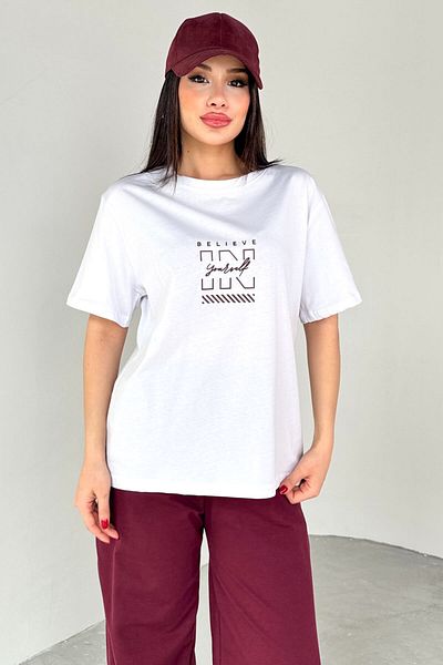 Cappmoda Tkm-0066 Burgundy Believe in Yourself Written Injection Printed T-Shirt Loose Trousers Two-Piece Suit