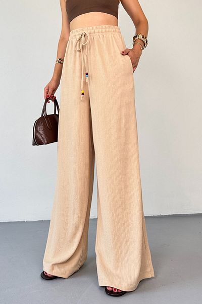 Cappmoda Pnt-07408 Beige Twisted Fabric Thread Beaded Casual Trousers