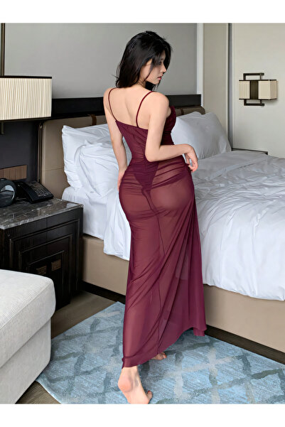 Best Dream Bordo Derin Göğüs Dekolteli Yırtmaç Detaylı Tangalı Gecelik