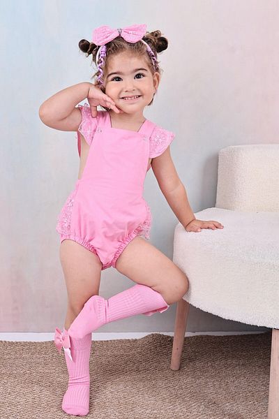 ŞAPKAKİDS Pink Lace Salopet Stone Detail Bandana and Socks Set