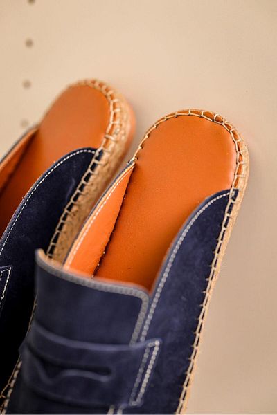 lovitto Men's Genuine Leather Rubber Sole Navy Blue Espadrille Slippers