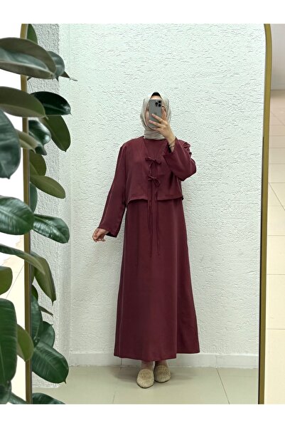 MİHRA STORE فستان ميريسا مع جاكيت ورباط-BN4462 أحمر كلاريت