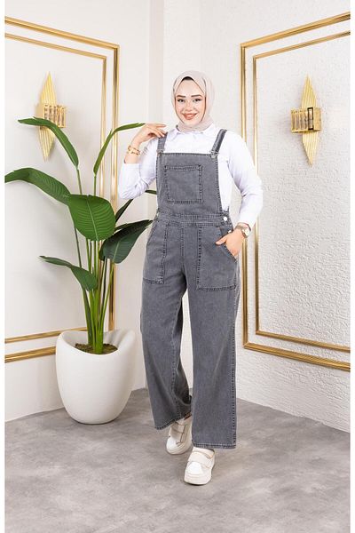 HARMAN BUTİK Women's Pocket Detailed Strap Gray Denim Jumpsuit
