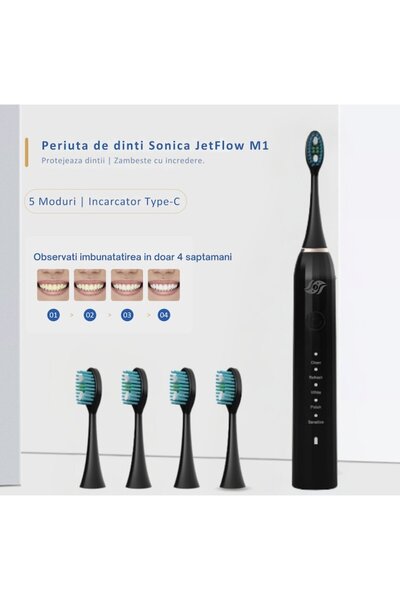 JFlow Periuță de dinți electrică JetFlow, 5 moduri, funcție de memorie, temporizator inteligent, USB-C, IPX7, 4 capete, culoare neagră