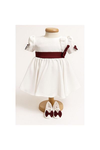 OEM Elegant dress for baby girl with refined design, 3 pieces, booties, headband, white with dark red, 0