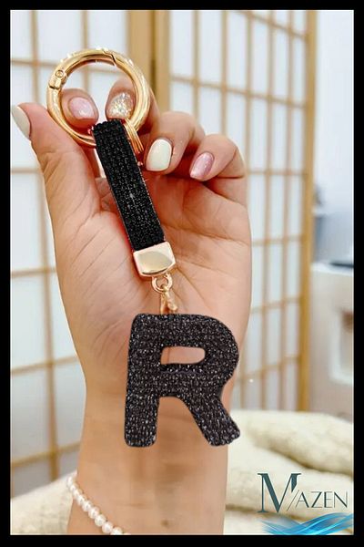 MAZEN Letter R Black Stone Keychain |   Vip Bag Charm |   Stylish Letter Detailed Accessory