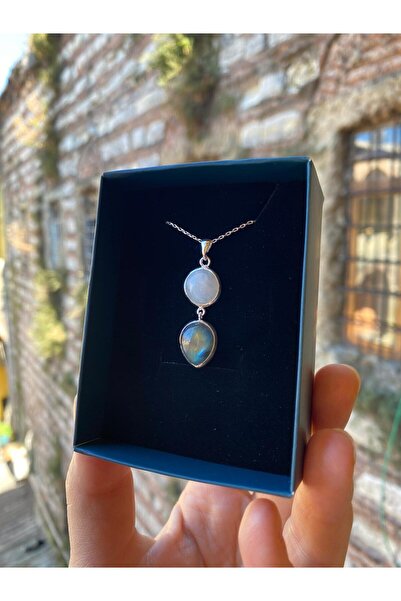 By Atölye Ay Taşı & Labradorit Doğal taşlı İkili Gümüş Kolye