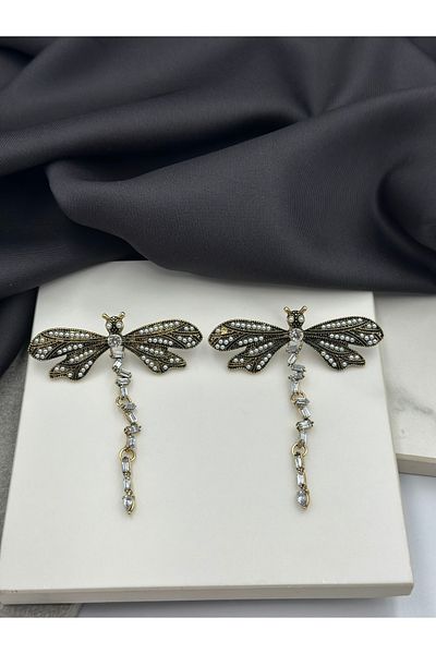 Duéra Gold Gold Dragonfly Figured Brand Model Design Dangle Earrings
