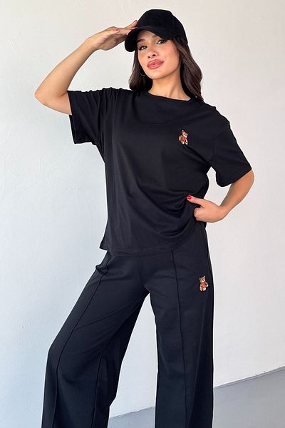 Cappmoda Tkm-0053 Black Teddy Bear Pattern Embroidered Sports Suit