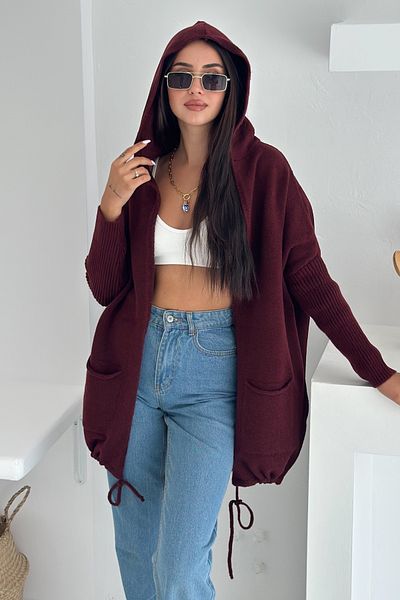 FEMELLE Cardigan pentru femei, burgundy, cu mâneci liliac, cu buzunare duble, cu glugă, largi, oversize, mărime standard