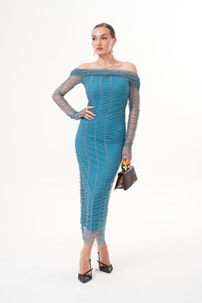 Marjinal Kadın Tül Detaylı Devrik Yaka Elbise