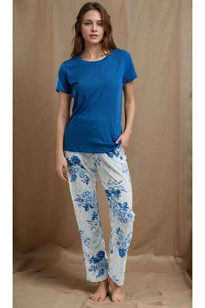 Pierre Cardin Îmbrăcăminte pentru femei Set pijamale din viscoză cu mâneci scurte cu model de flori albastre LL.PC89.K68.D01