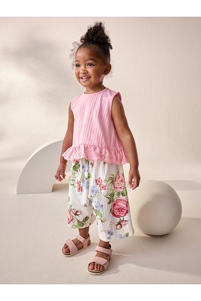 Next Baby Cotton Pink Floral Patterned Short Sleeve Top and Bottom Set