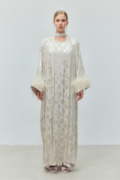 Bohai Design Saten Bej Desenli Kimono Elbise 2'li Takım