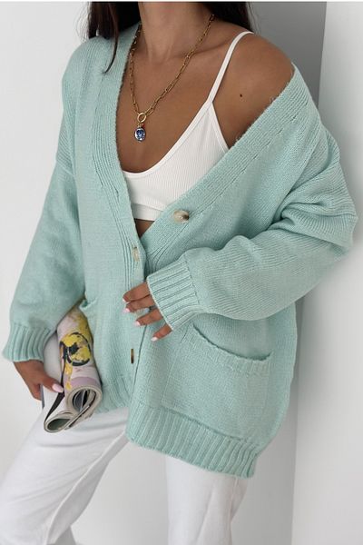 FEMELLE Women's Mint Wide Fit Standard Size Double Pocket Button Detailed Off Shoulder Oversize Knitwear Cardigan