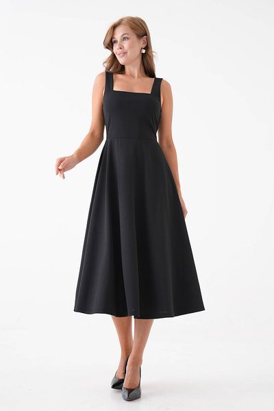 barış sülün lovebox Women's Black Crepe Fabric Square Neck Strap Flared Cut Midi Evening Dress 77141