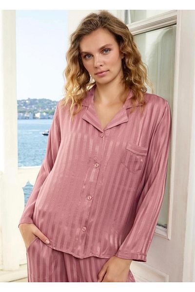 seamlife Women's 100% Cotton Satin Woven Dusty Rose Color Striped Shirt Collar Button-Down Pajama Set with Pockets