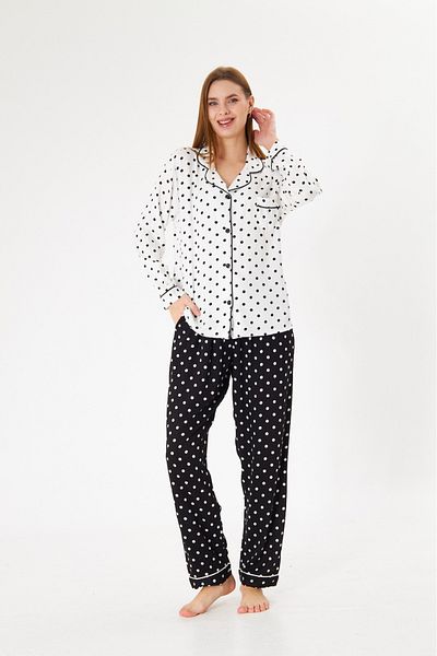 seamlife Women's 100% Cotton Woven Fabric White Polka Dot Pattern Shirt Collar Button-Down Pajama Set with Pockets
