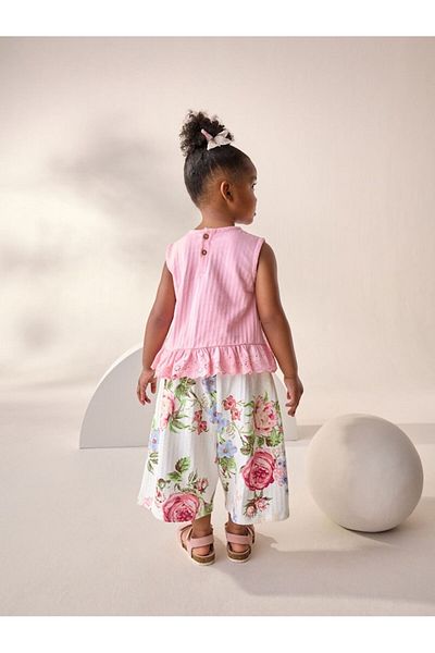 Next Baby Cotton Pink Floral Patterned Short Sleeve Top and Bottom Set