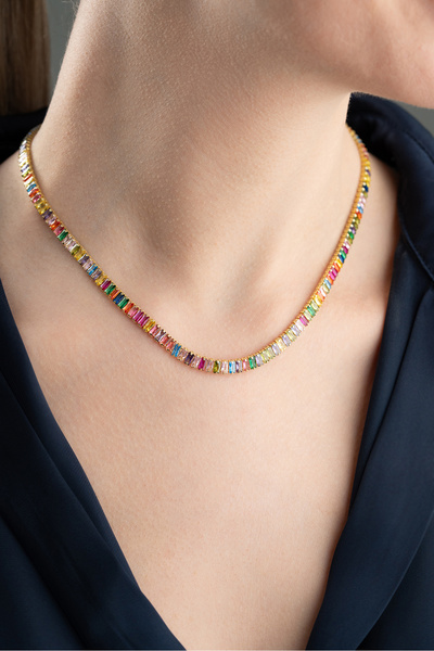 Silvano Jewelry 925 Ayar Gümüş Baget Renkli Taşlı Kolye