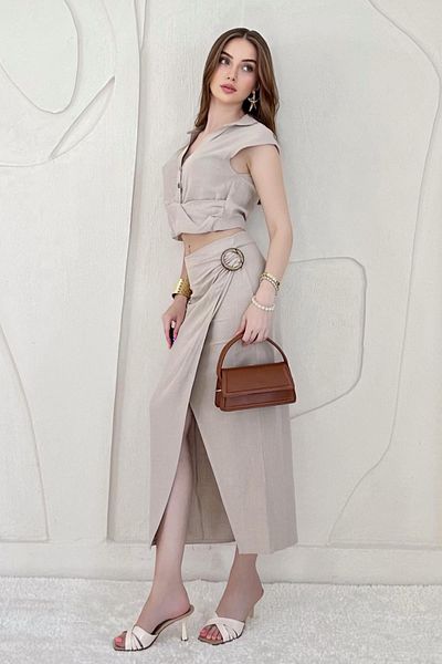 Elbee Fashion Woman Linen Crop Blouse and Slit Skirt Set