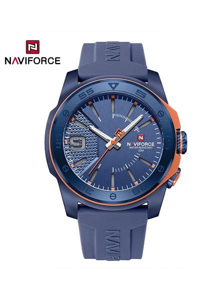 Naviforce Men's Sport Watch – 43mm Textured Dial, Blue Silicone Strap, Quartz Movement, Water Resistant