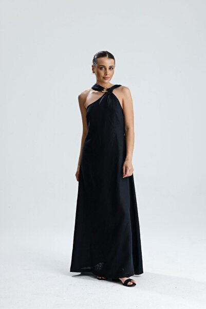 COLLECTİON JULİA boyun toka detaylı geniş uzun keten yazlık elbise