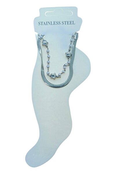 X-Lady Accessories Gümüş Renk İtalyan Yıldız Sıra İnci Çelik Halhal - 3498