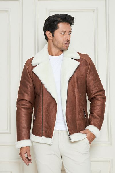 By Marki Marki Men's Genuine Fur Coat, Tan Tumbled Leather, Double Breasted Zipper, White Fur, 74 Cm- 500722X