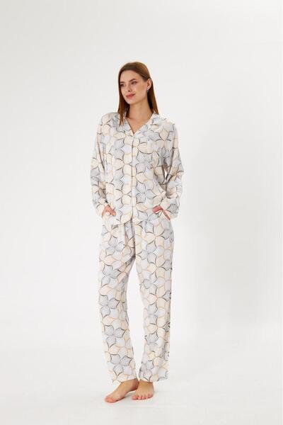 seamlife Жіночий 100% бавовняний тканий матеріал Екрю з квітковим візерунком Сорочка з коміром на ґудзиках з кишенями Піжамний комплект