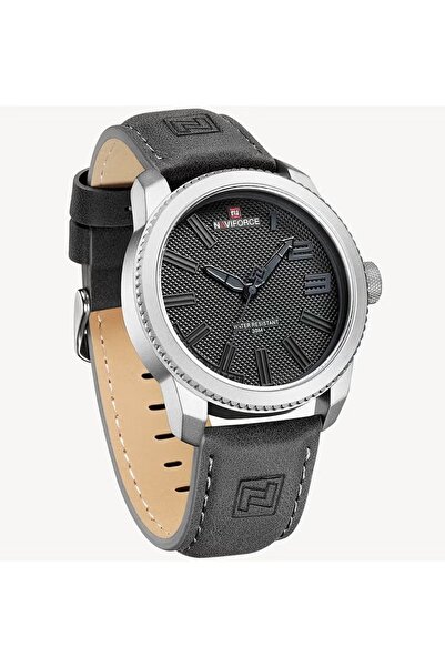Naviforce Stylish Mens Sports Watch with Black Dial Gray Leather Strap Quartz Movement Analog Display