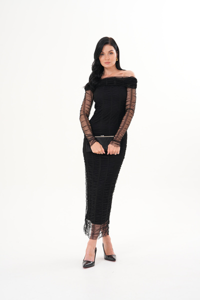 Marjinal Kadın Tül Detaylı Devrik Yaka Elbise