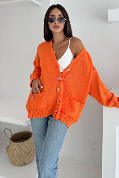 FEMELLE Women's Orange Wide Fit Standard Size Double Pocket Button Detailed Off Shoulder Oversize Knitwear Cardigan