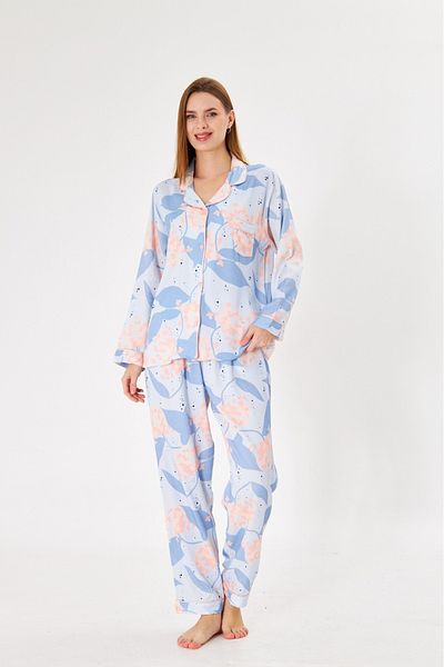 seamlife Women's 100% Cotton Woven Blue Floral Pattern Pink Piping Shirt Collar Button-Down Pajama Set with Pockets