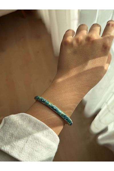 Vola Collection Thin Water Green Flower Enamel Women's Vintage Handcuff Bracelet