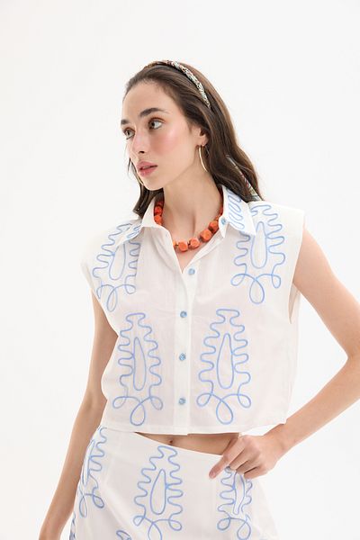 Quzu Ethnic Motif Embroidered Padded Shirt Ecru