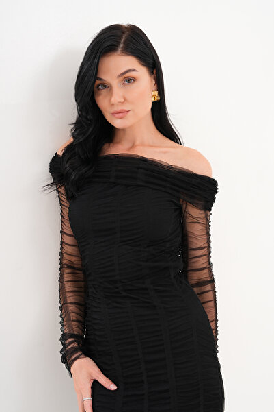 Marjinal Kadın Tül Detaylı Devrik Yaka Elbise